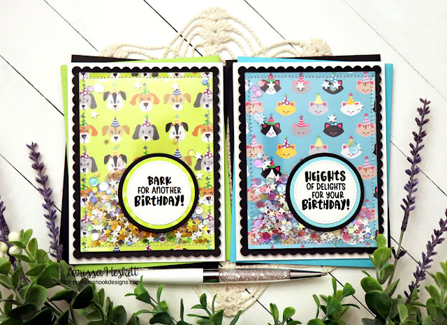 Birthday Shaker Cards with Dogs & Cats by Larissa Heskett | Birthday Barks Stamp Set, Newton's Birthday Delights Stamp Set, Birthday Meows & Woofs Paper Pads, Frames & Flags Die Set and Circle Frames Die Set by Newton's Nook Designs