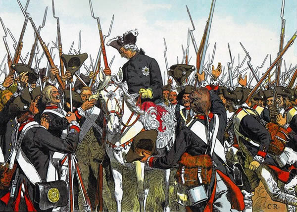 Frederick the Great restores the regimental honours of the Regiment Bernberg after the battle of Liegnitz