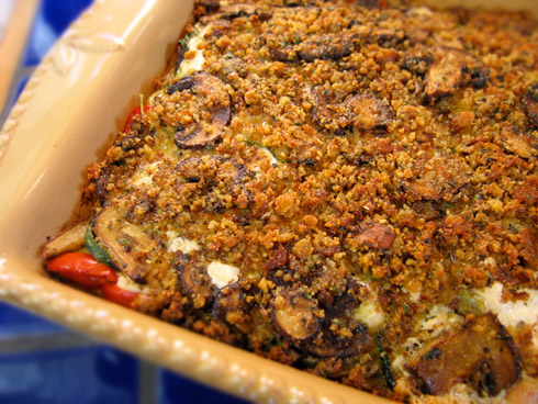 Gluten free kugel recipe with savory roasted vegetables and gluten free bread crumb topping
