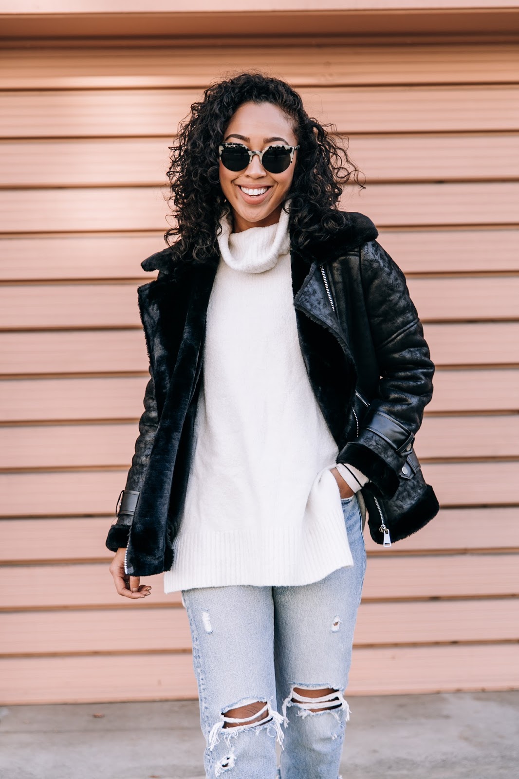 pancakestacker blog; #ootd; outfit; boohoo faux shearling aviator jacket; retro super future sunglasses; Levi's wedgie distressed denim; everlane day heel 