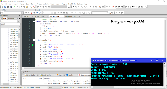 Program in C and C++ to Convert Decimal number to Binary, Octal and  Hexadecimal number Using recursive function