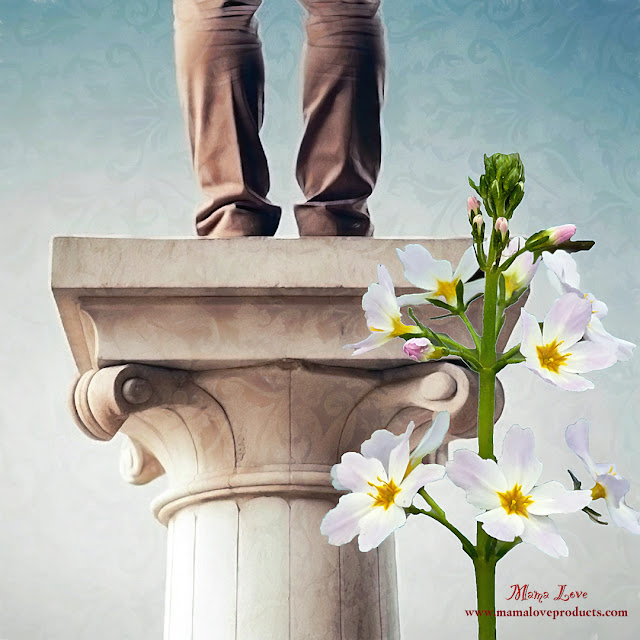 Person on a pedestal with Water Violet flower in front