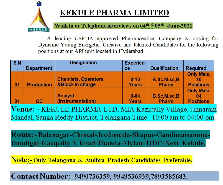 Job Availables, Kekule Pharma Ltd Interview For Freshers & Experienced in Production / QC Department