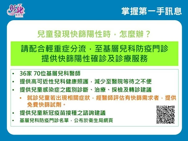 ▲兒童發現快篩陽性時，怎麼辦? 請配合「輕重症分流」，先至基層兒科防疫門診提供快篩陽性確診及診療服務。（圖／彰化縣政府提供）