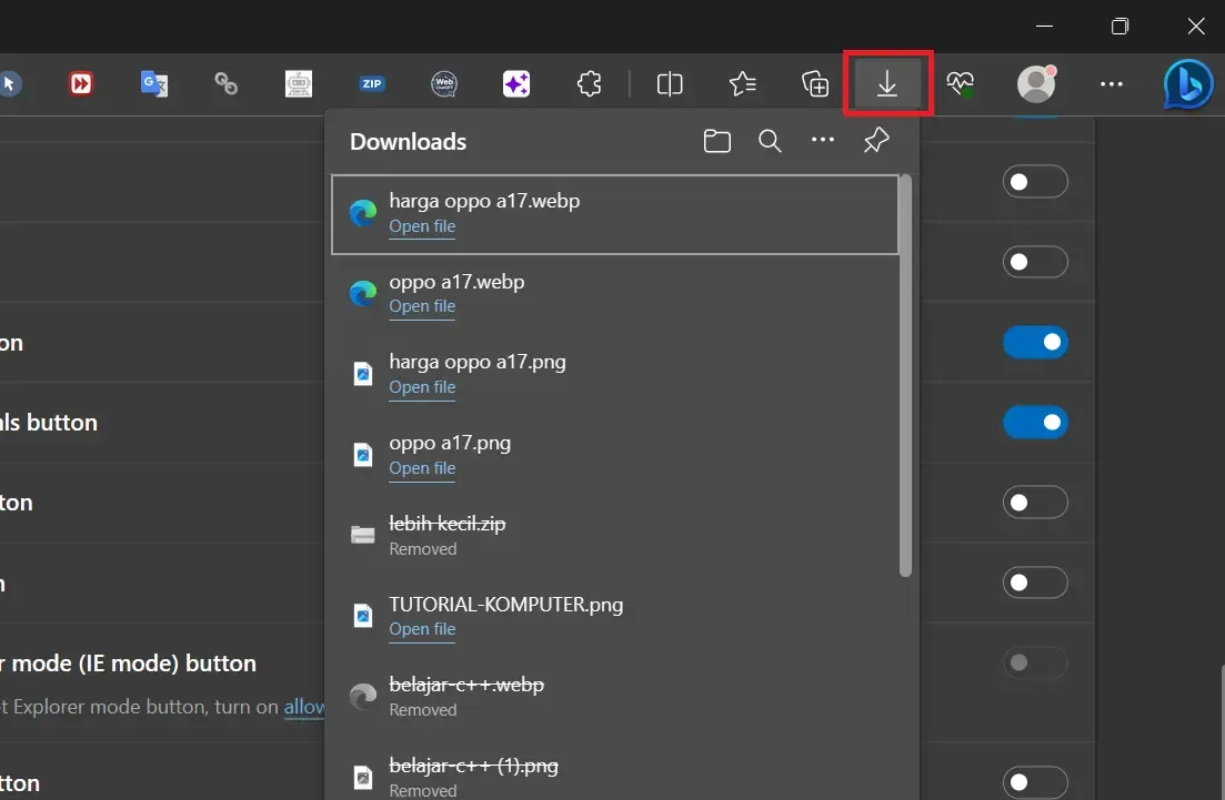 Cara Menampilkan Tombol Download di Toolbar Microsoft Edge