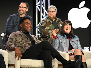 Sam Richardson, Anthony King, Executive Producer, Zoe Chao, and Paul Walter Hauser from “The Afterparty” Season 2 speaks at the Apple TV+ 2023 Winter TCA Tour at The Langham Huntington Pasadena.