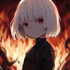 girl, white short hair, hell, cel anime, concept art