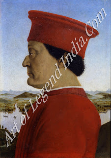 Federigo, the Count (later Duke) of Urbino, was one of the most distinguished men of his time as much a scholar as a soldier. The choice of a profile view for his portrait was dictated by the horrible injury he sustained in a tournament, when he lost his right eye; his disfigured nose was a result of the same accident.