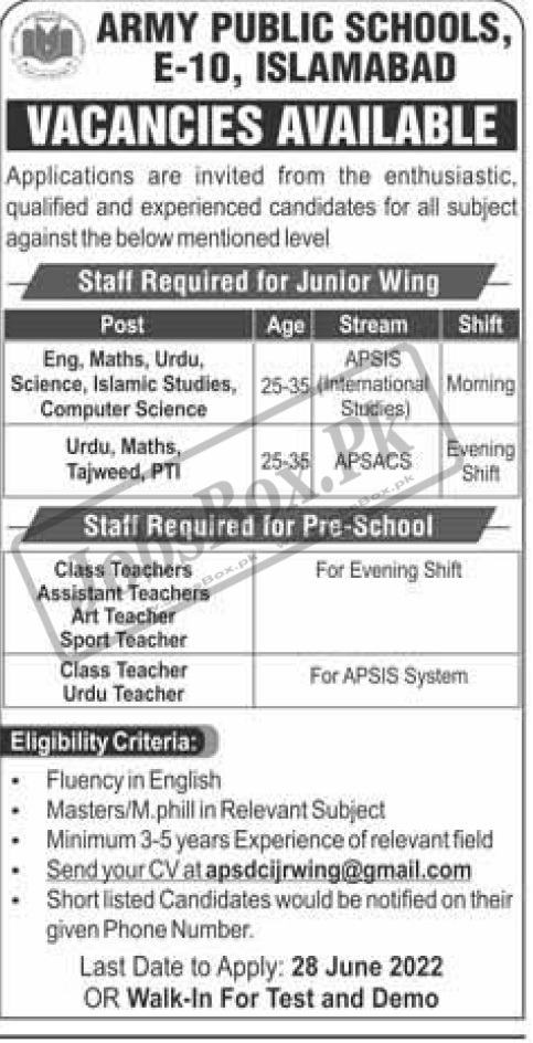 Army Public School Jobs | latest jobs in Pakistan today