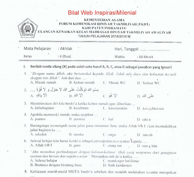 Download Ulangan Kenaikan Kelas Madrasah Diniyah Takmiliyah Awaliyah (MDTA) Akhlak Kelas 2 Tahun 2018-2019 M