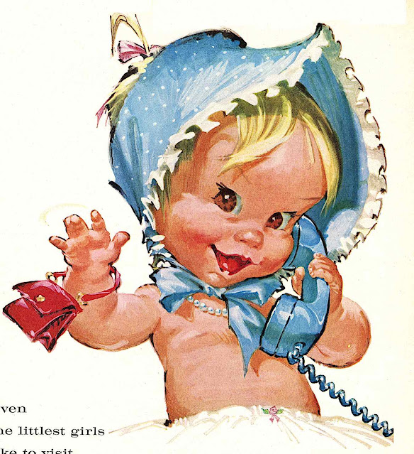 a Pete Hawley 1961 illustration of a cute baby using Bell Telephone