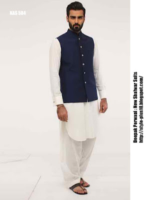 kas-584-white-cotton-shalwar-suit-with-navy-blue-waist-coat-by-deepak-perwani