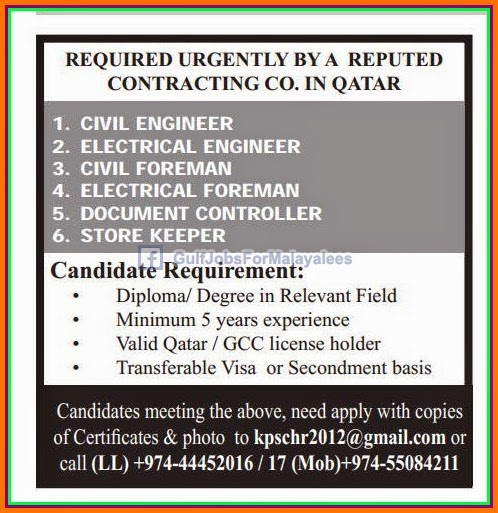 Qatar Job requirement for reputed contracting company