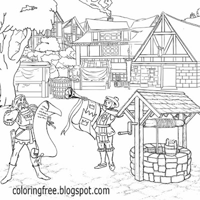 Old medieval town crier gothic building hamlet water well village market drawing ideas for teenagers