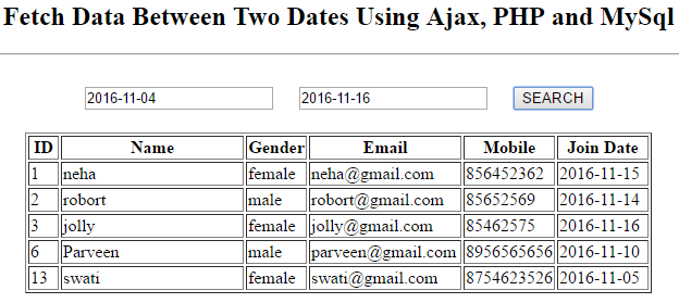 Fetch Records Between Two Date Using Ajax, PHP and MySql