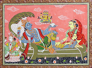 Vishnu and Lakshmi in Vaikuntha; Rajasthani haveli painting 