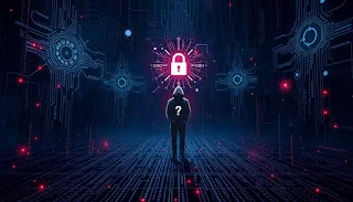 Abstract representation of AI threats to cybersecurity.
