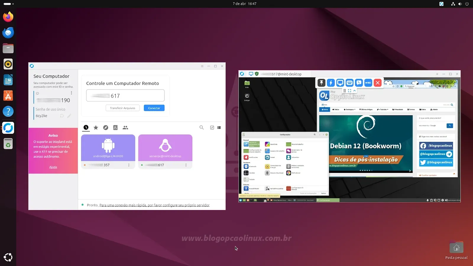 Cliente RustDesk executando no Ubuntu 24.04 LTS com o ambiente de área de trabalho GNOME Shell