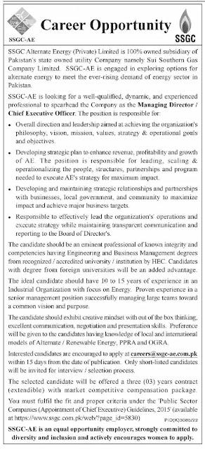 Private Jobs Chief Executive Officer Jobs at SSGC Alternate Energy 2023