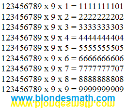 Интересная математика. Умножение набора цифр на девять и ещё одну цифру. В результате девять одинаковых цифр и ноль. Приколы в математике. Математика для блондинок.