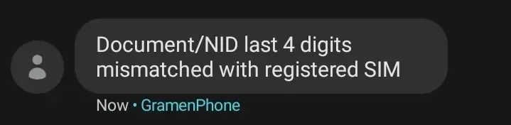 Document/NID last 4 digits mismatched with registered SIM