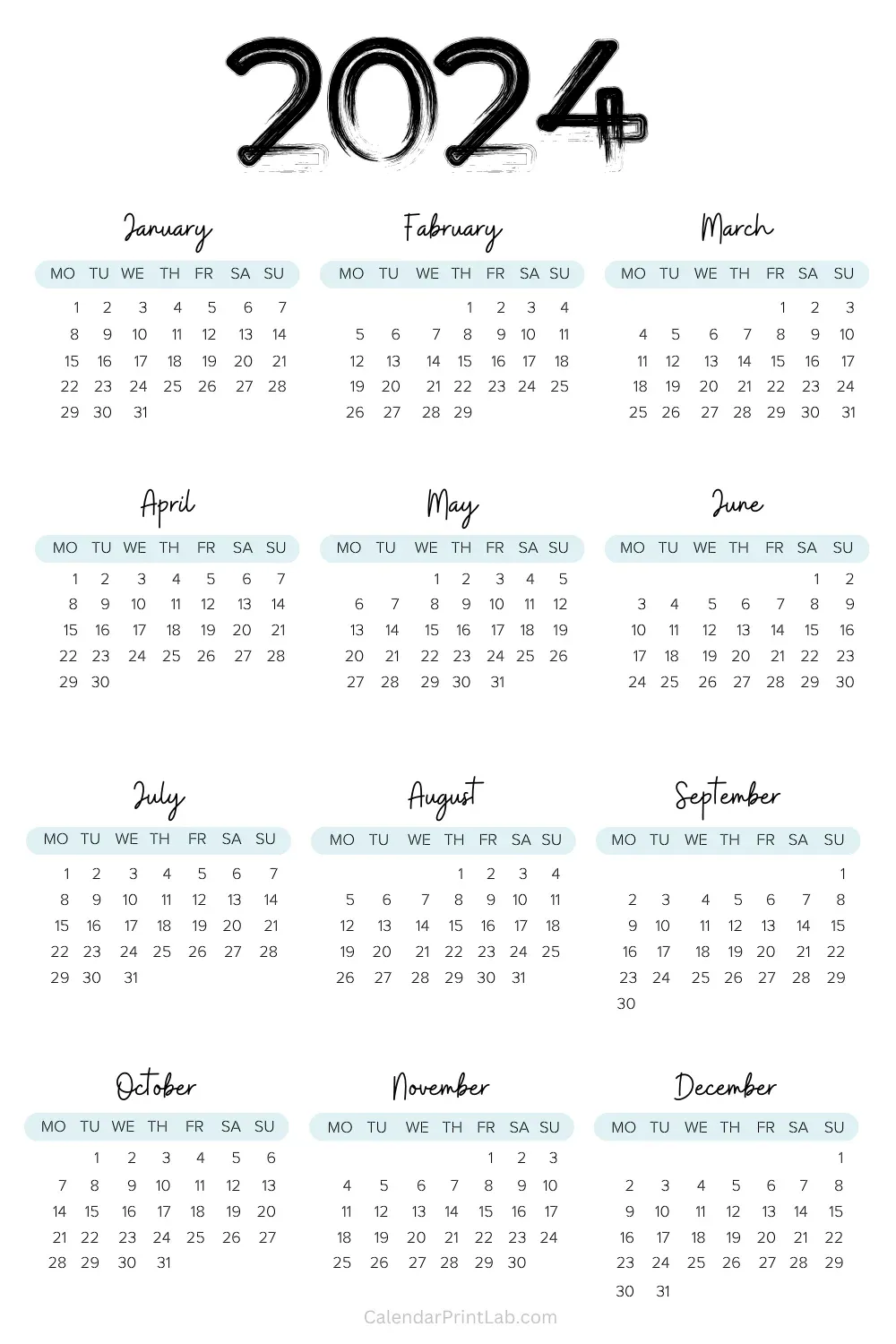 12 Month 2024 Vertical Calendar