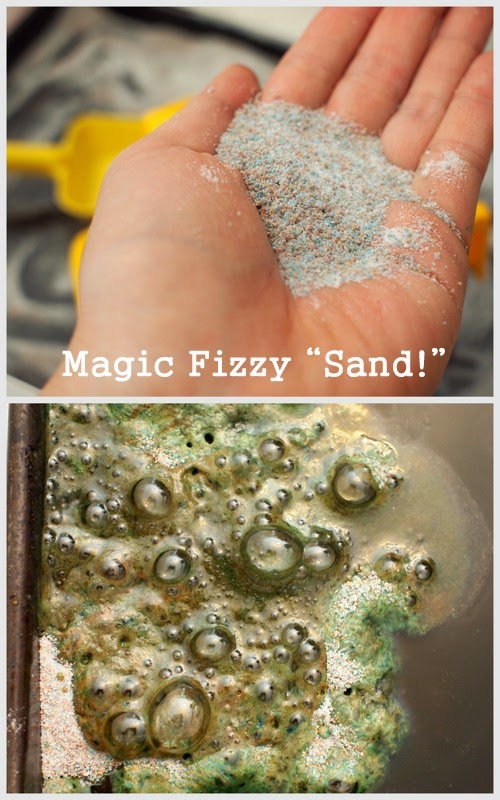 Super easy and fun activity:  Make magic fizzy "sand" from 2 ingredients.  Let the kids play and then add water to make the sand fizz and bubble!  Cool science and sensory activtity.