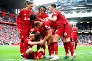 Liverpool players celebrate 4-3 victory over Tottenham Hotspur at Anfield on Sunday 30 April, 2023