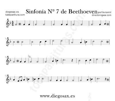 Sinfonía nº 7 de Beethoven partitura para flauta, violín, saxofón alto, trompeta, clarinete, soprano sax, tenor, oboe, corno inglés, barítono, trompa, fliscorno... en clave de Do