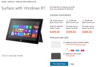 Microsoft Surface with Windows RT Preorder page