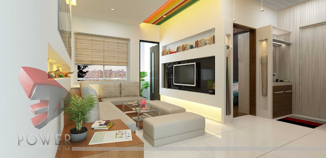 Off-white Apartment Interior design with rainbow color for ceiling.