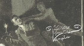 A vintage-appearing image of a vampire attacking a man