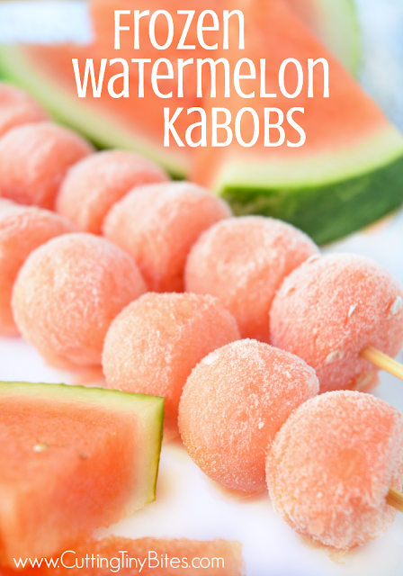 Frozen Watermelon Kabobs. Cold, refreshing ice pop treat for kids in the summer time. Made with fresh fruit, no sugar added, all natural ingreadients, and inexpensive!