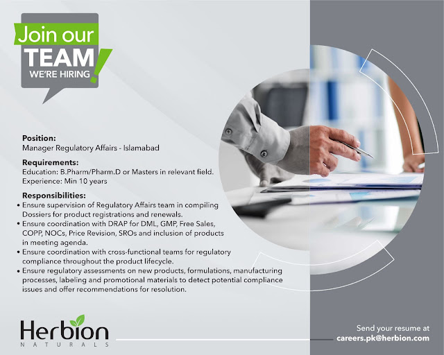 Herbion Naturals Latest Jobs in Islamabad Manager Regulatory Affairs 2024