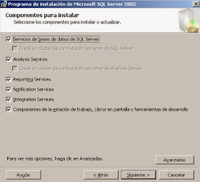 Componentes para instalar SLQ Server 2005