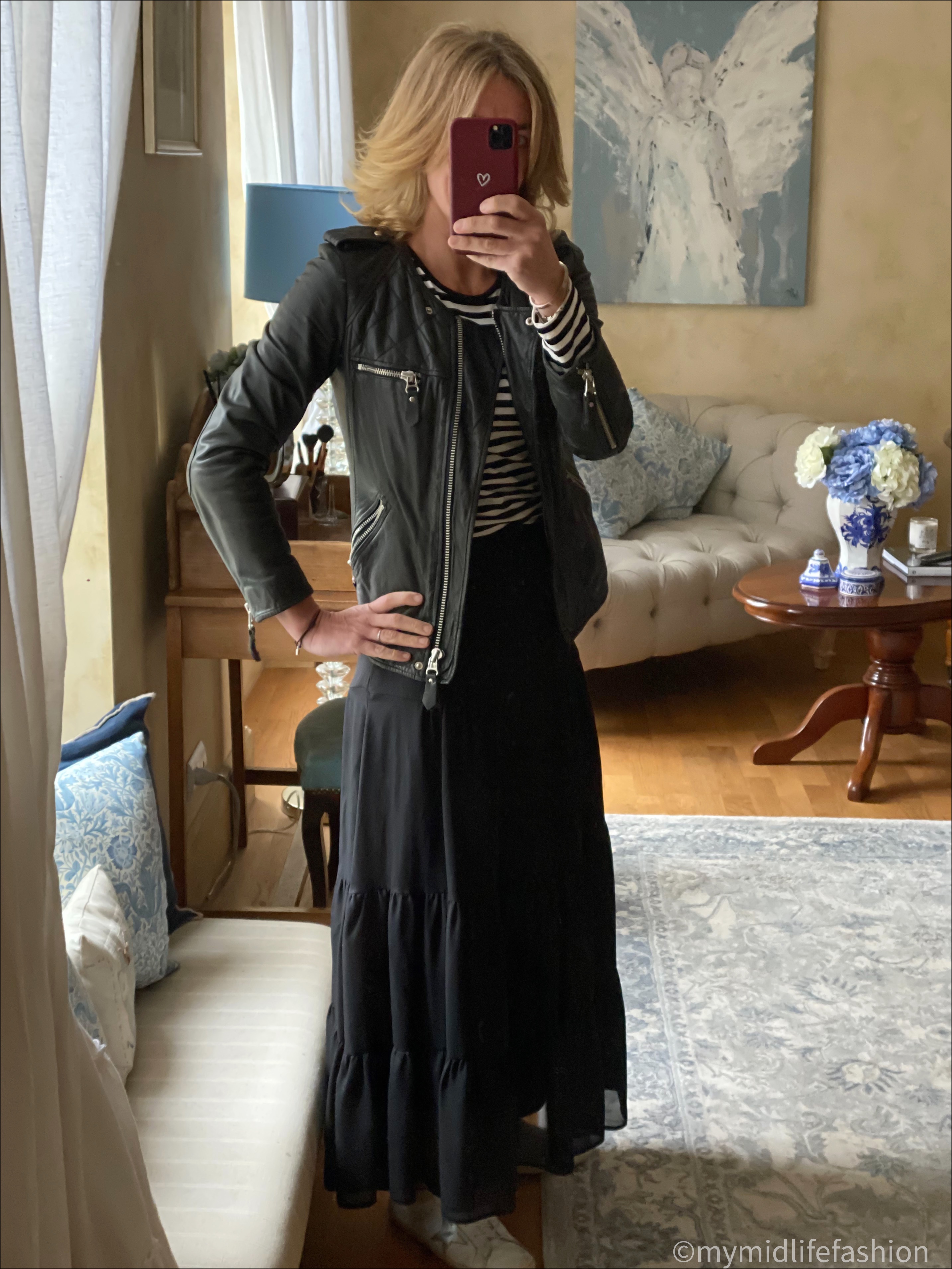 my midlife fashion, baukjen Ayla top, Isabel Marant Etoile leather jacket, marks and Spencer tiered maxi skirt, golden goose superstar low top leather trainers