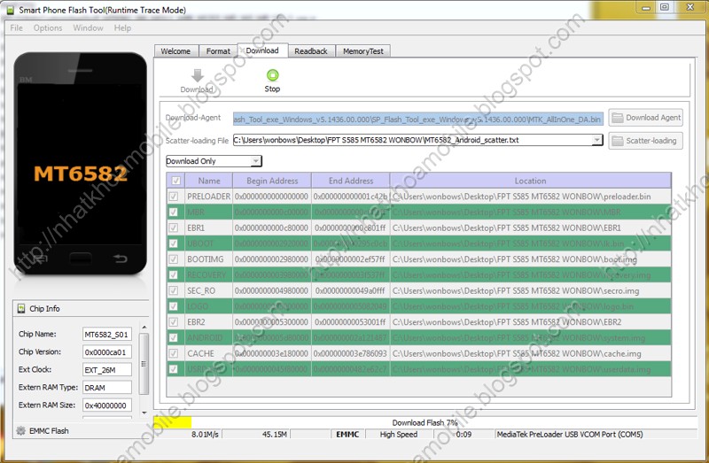 FPT S585 MT6582 flash stock rom flashtool ok 