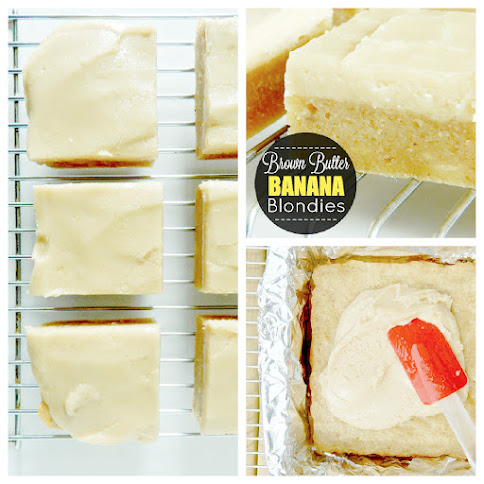 Collage of Banana Blondies cut into bars on a wire cooling rack.