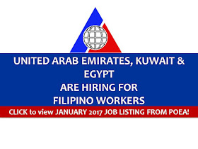 The following are jobs approved by POEA for deployment to United Arab Emirates, Egypt and Kuwait. Job applicants may contact the recruitment agency assigned to inquire for further information or to apply online for the job.  We are not affiliated to any of these recruitment agencies.   As per POEA, there should be no placement fee for domestic workers and seafarers. For jobs that are not exempted on placement fee, the placement fee should not exceed the one month equivalent of salary offered for the job. We encourage job applicant to report to POEA any violation on this rule.