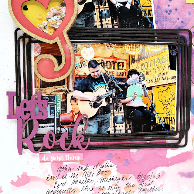Let's rock bar gig rock and roll scrapbook layout with chipboard embellishments and treble clef shaker.