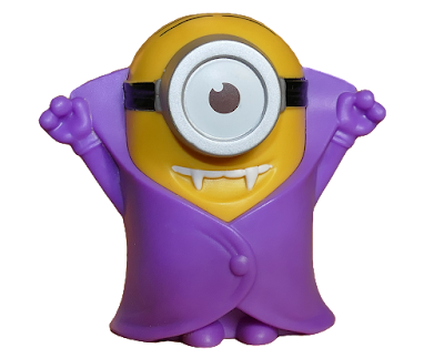 a caped Minion with vampire teeth