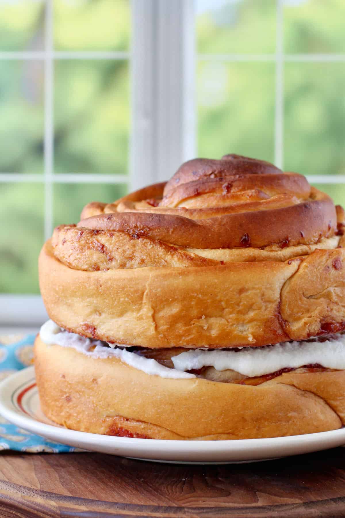 Fresh Strawberry Cinnamon Roll Cake stacked.