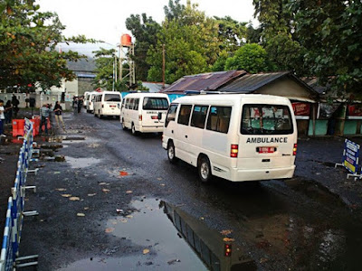 Seventeen ambulances, 14 of which carried coffins, arrived on Nusakambangan prison island in Cilacap, Central Java, on Thursday morning