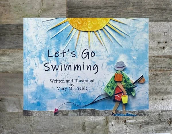 cover of Let's Go Swimming children's book with paper collage illustration of sunny day and child dressed in swimwear carrying pool toys