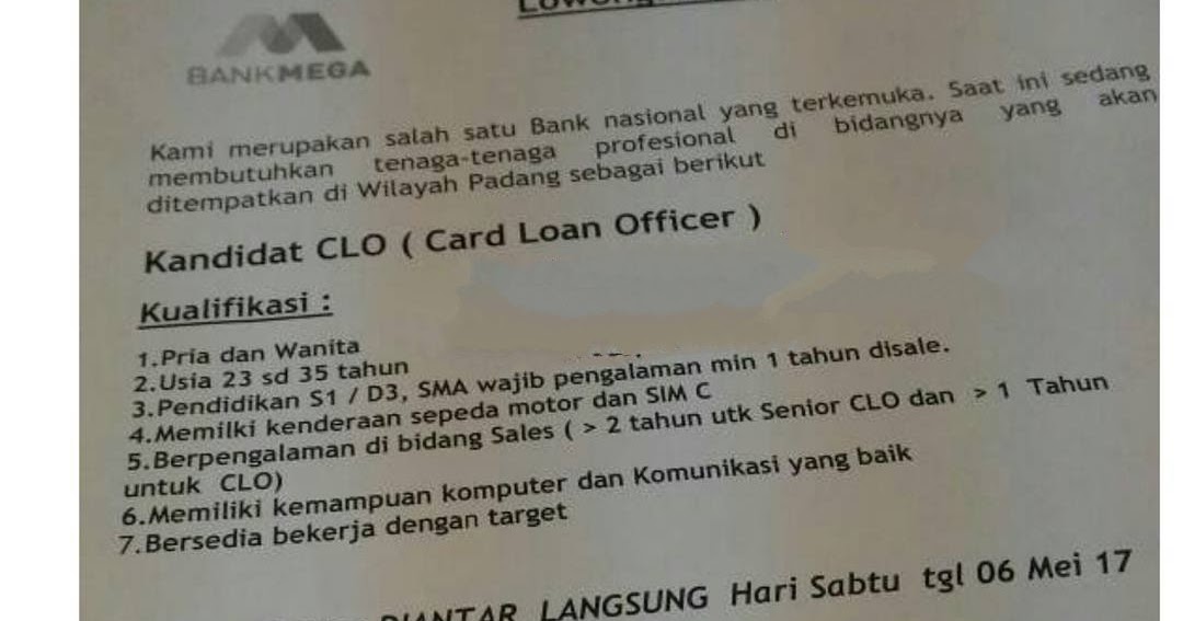 Lowongan Kerja di Padang - PT.Bank Mega,Tbk - CLO (Walk in 