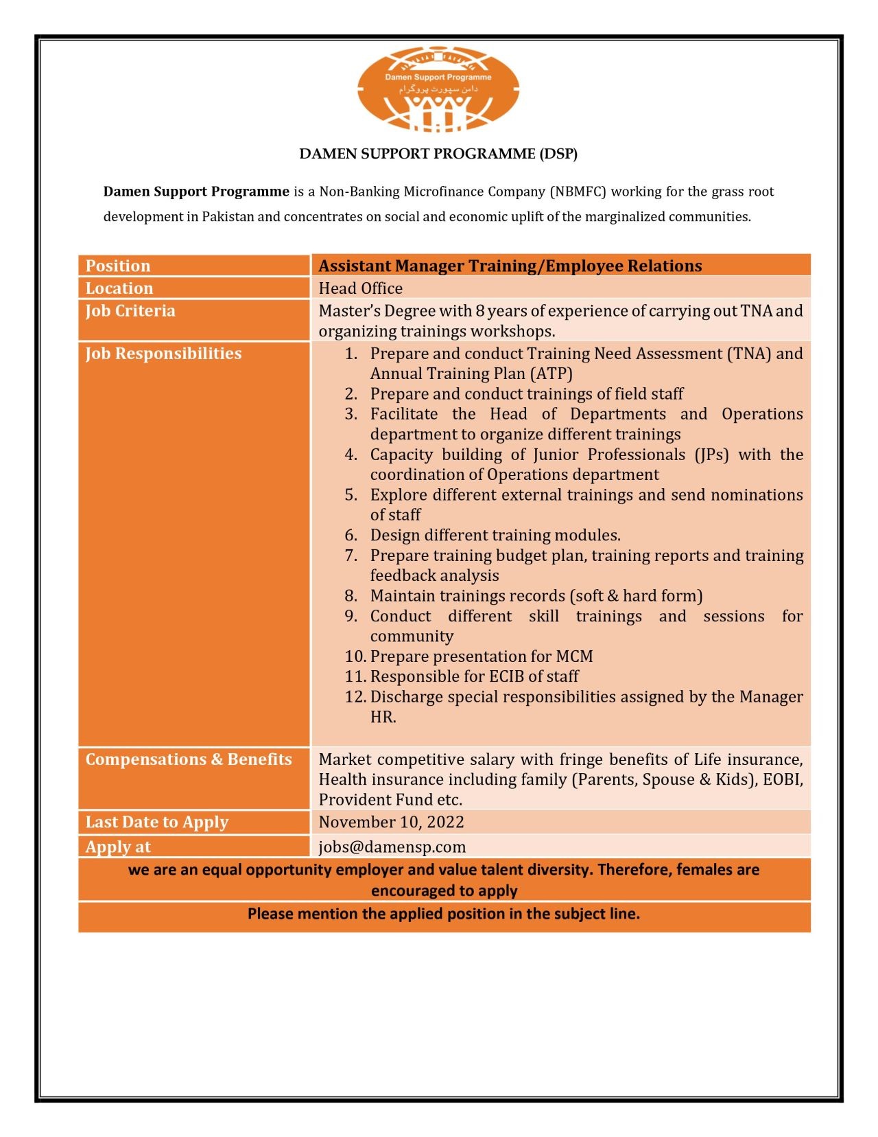 Damen Support Programme- دامن سپورٹ پروگرام (DSP) Jobs 2022