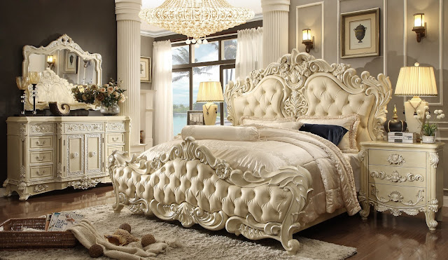 amazing california king bedroom set with big white bed with headboard and single vanity with soft rug