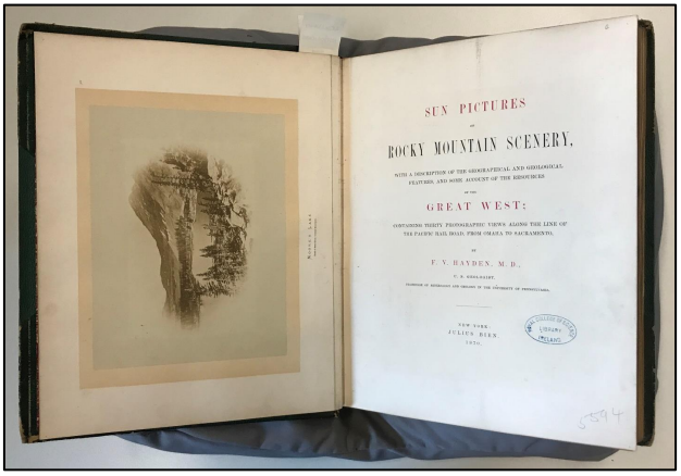 Albumen print frontispiece and title page of F. V. Hayden, Sun Pictures of Rocky Mountain Scenery (UCD SC 11.Q.17)