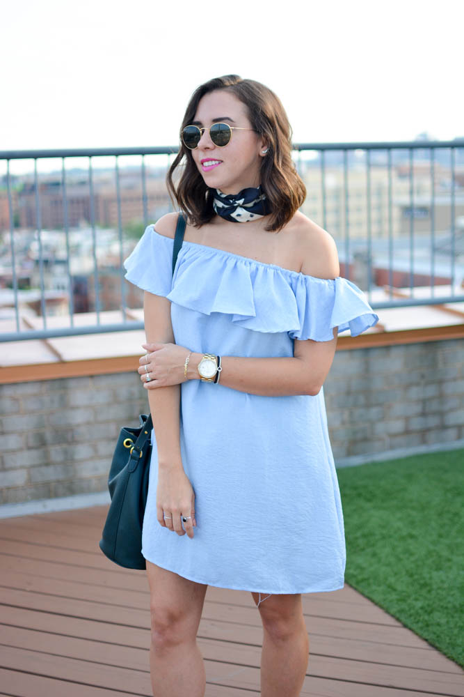How To Style an Off the Shoulder dress.| A.Viza Style | banana republic silk scarf - off the shoulder ruffle dress.  - joie lena wedges.