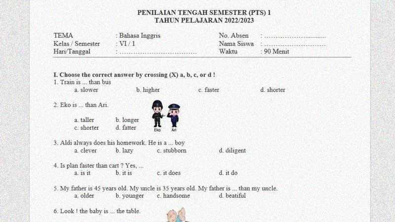 Soal Penilaian Tengah Semester 1 Kelas 6 Bahasa Inggris dan Kunci Jawabannya